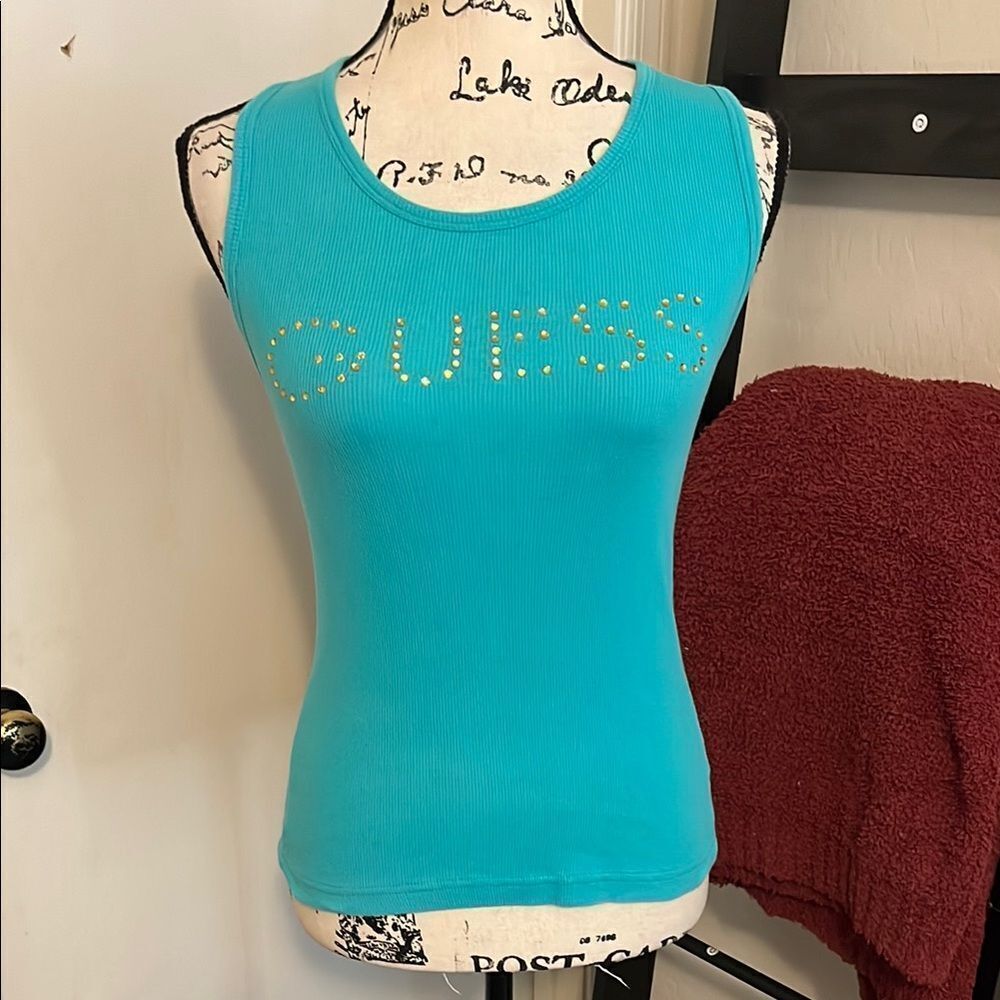 GUESS Y2K Blue Embellished Logo Pullover Tank Top 2000’s Feminine Casual